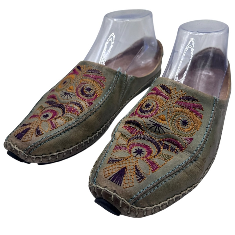 PIKOLINOS Olive Green Leather Embroidered Flats with Pink & Gold Accents